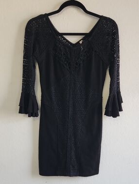 Dark Coquette Goth Free People Black Crochet Bell Sleeve Mini Dress XS Witchy